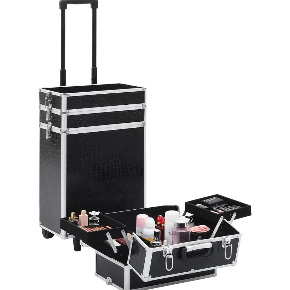 vidaXL Maletín trolley maquillaje aluminio negro estampado cocodrilo estampado de cocodrilo negro Outlet