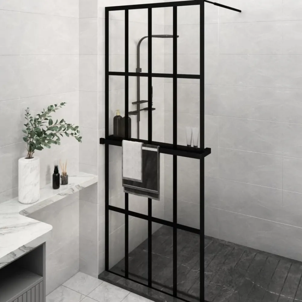 vidaXL Mampara ducha con estante vidrio ESG y aluminio negro 80x195 cm Transparente New