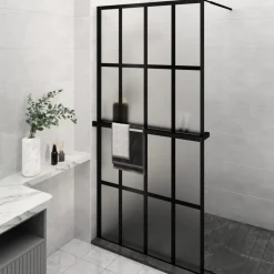 vidaXL Fontanería-Mampara ducha con estante vidrio ESG y aluminio negro 118x190cm