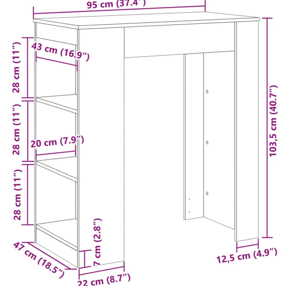 vidaXL Mesa alta bar con estantes madera 95x47x103,5 cm Gris sonoma Online