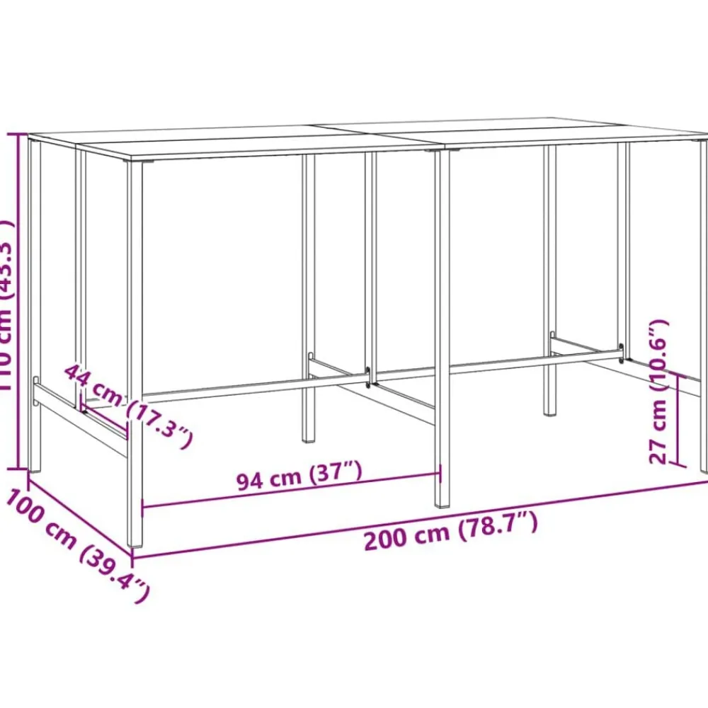 vidaXL Mesa alta de bar acero recubrimiento polvo negro 200x100x110 cm