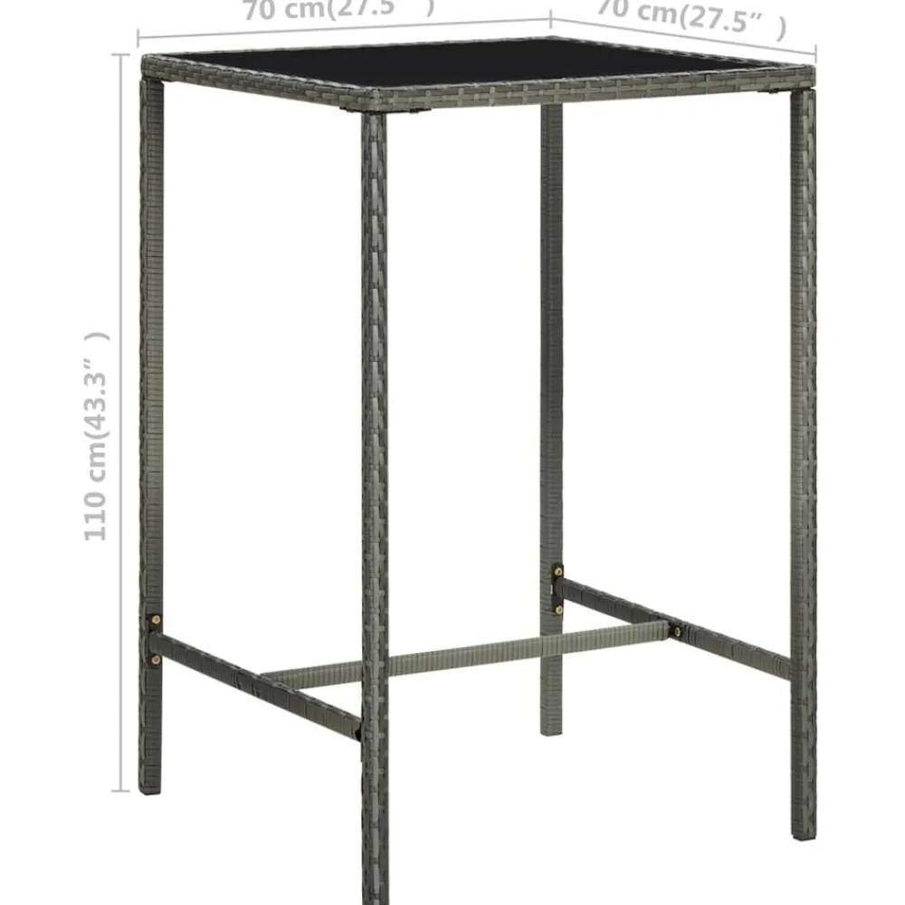 vidaXL Mesa alta de jardín ratán sintético y vidrio 70x70x110 cm Gris Hot