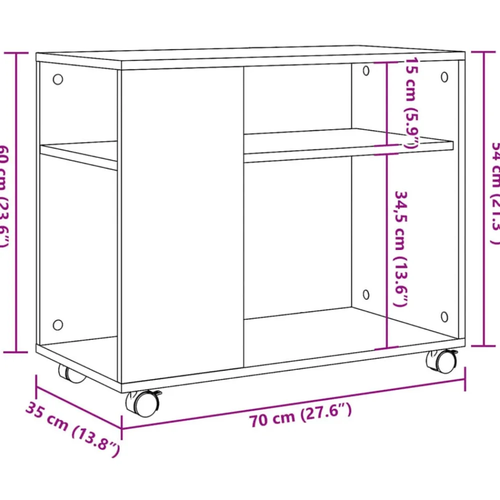 vidaXL Mesas-Mesa auxiliar con ruedas madera 70x35x60 cm