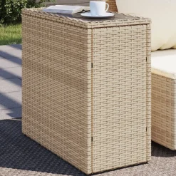 vidaXL Mesa auxiliar jardín tapa vidrio ratán PE 58x27,5x55 cm Beige Hot
