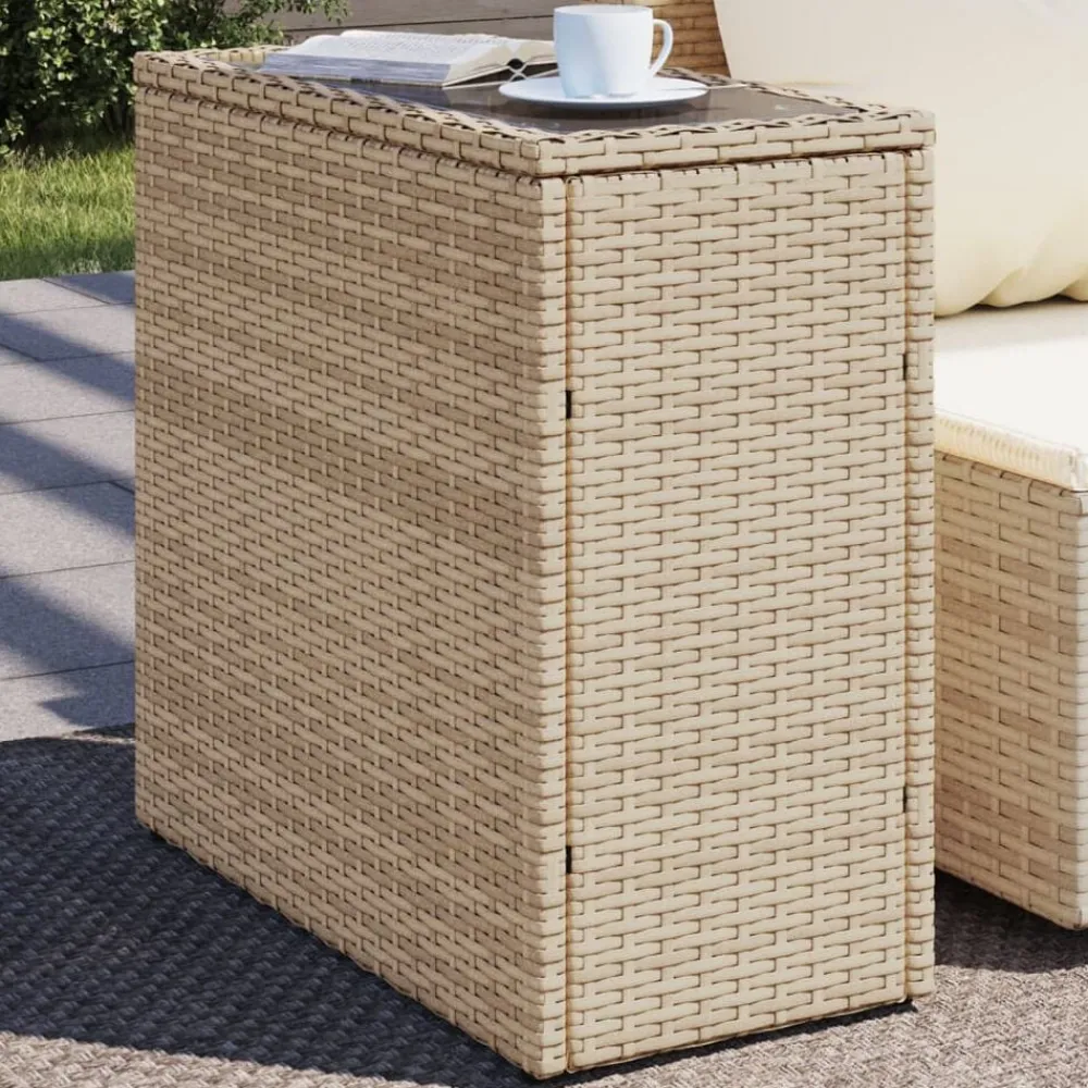 vidaXL Mesa auxiliar jardín tapa vidrio ratán PE 58x27,5x55 cm Beige Hot