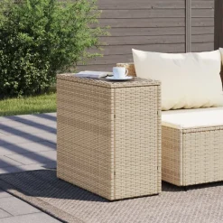 vidaXL Mesa auxiliar jardín tapa vidrio ratán PE 58x27,5x55 cm Beige Hot