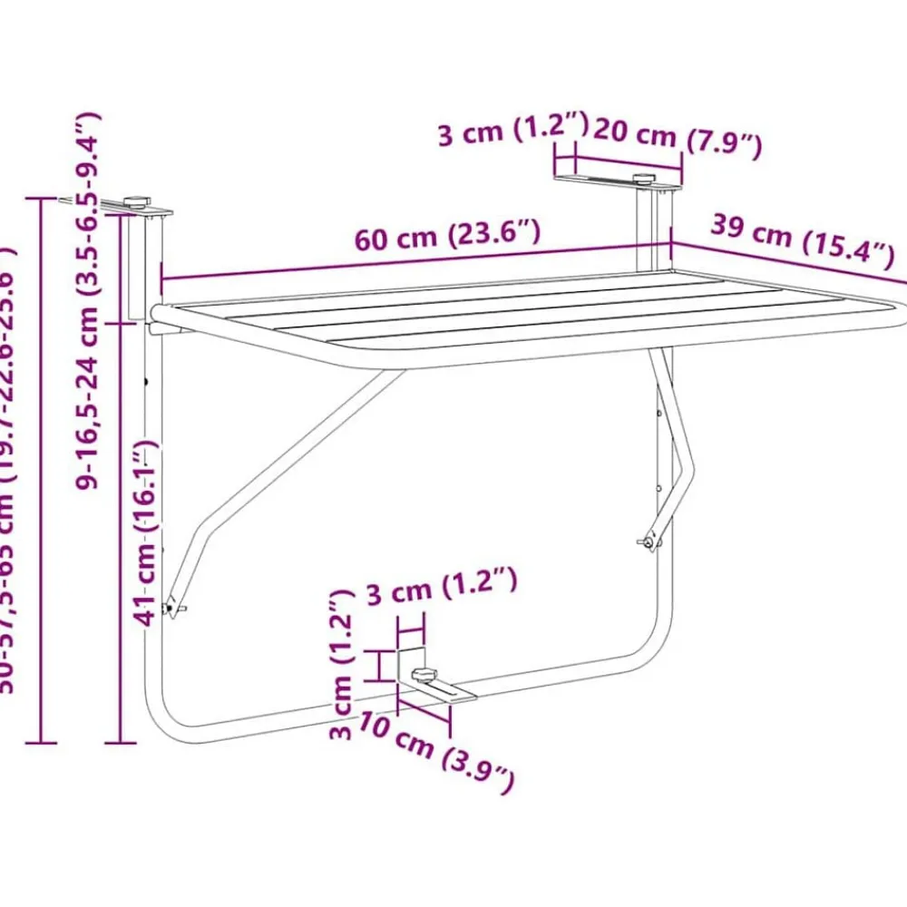vidaXL Mesa Colgante de Balcón 60 x 39 x 65 cm Acero Mostaza Online