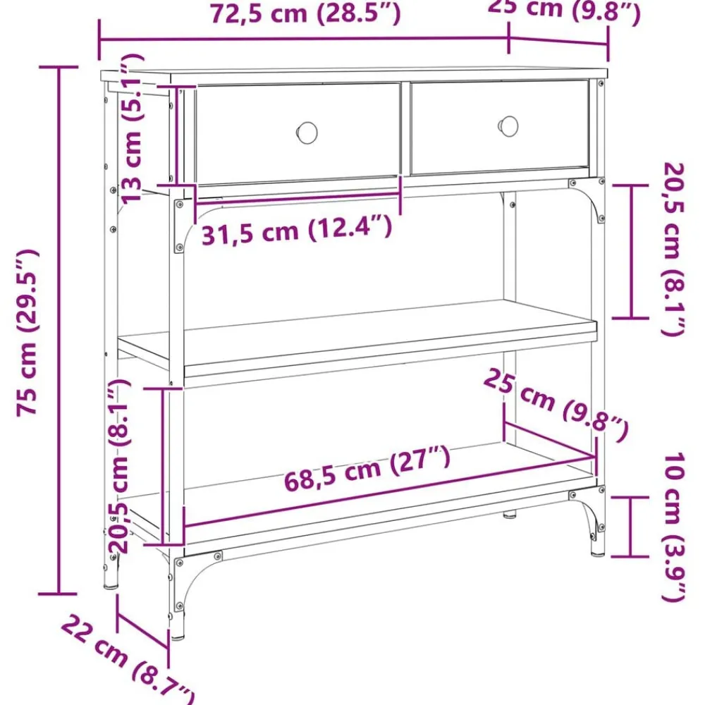 vidaXL Mesa Consola con cajón Roble artesanal 72.5 x 25 x 75 cm Roble artisan New