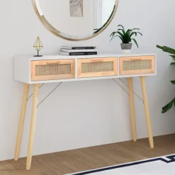 vidaXL Mesas-Mesa consola madera pino maciza ratán natural 105x30x75 cm