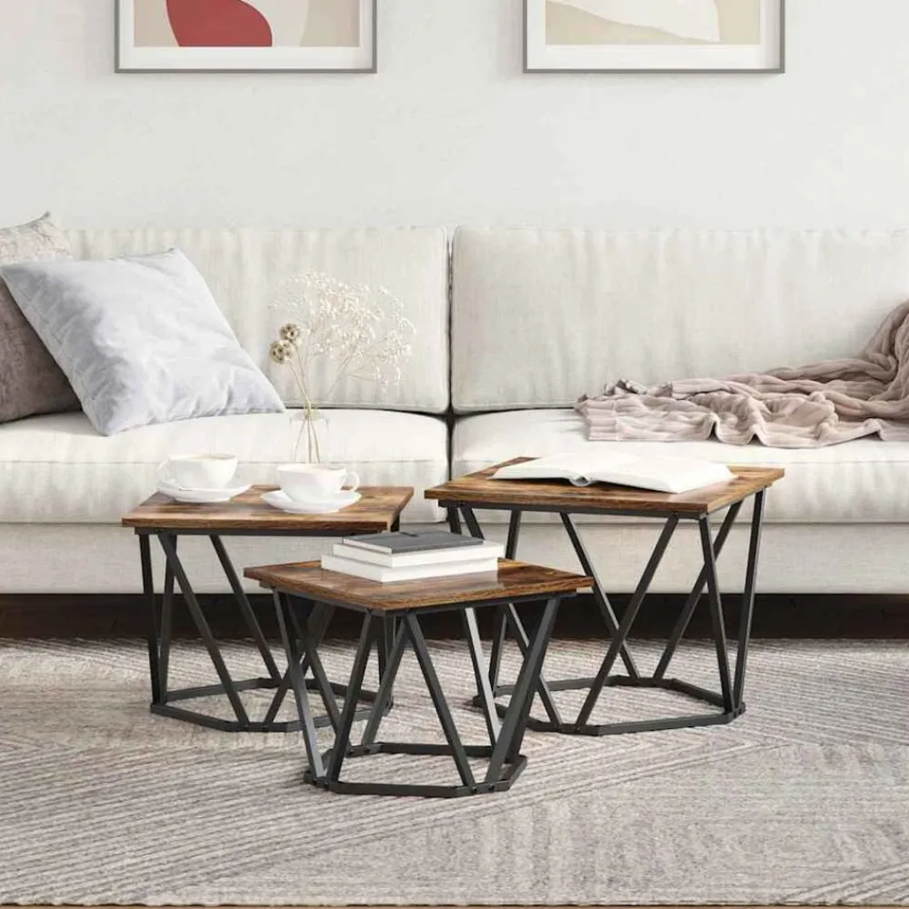vidaXL Mesa de Café 3 pcs Madera Ingenierizada y Acero Roble ahumado Best