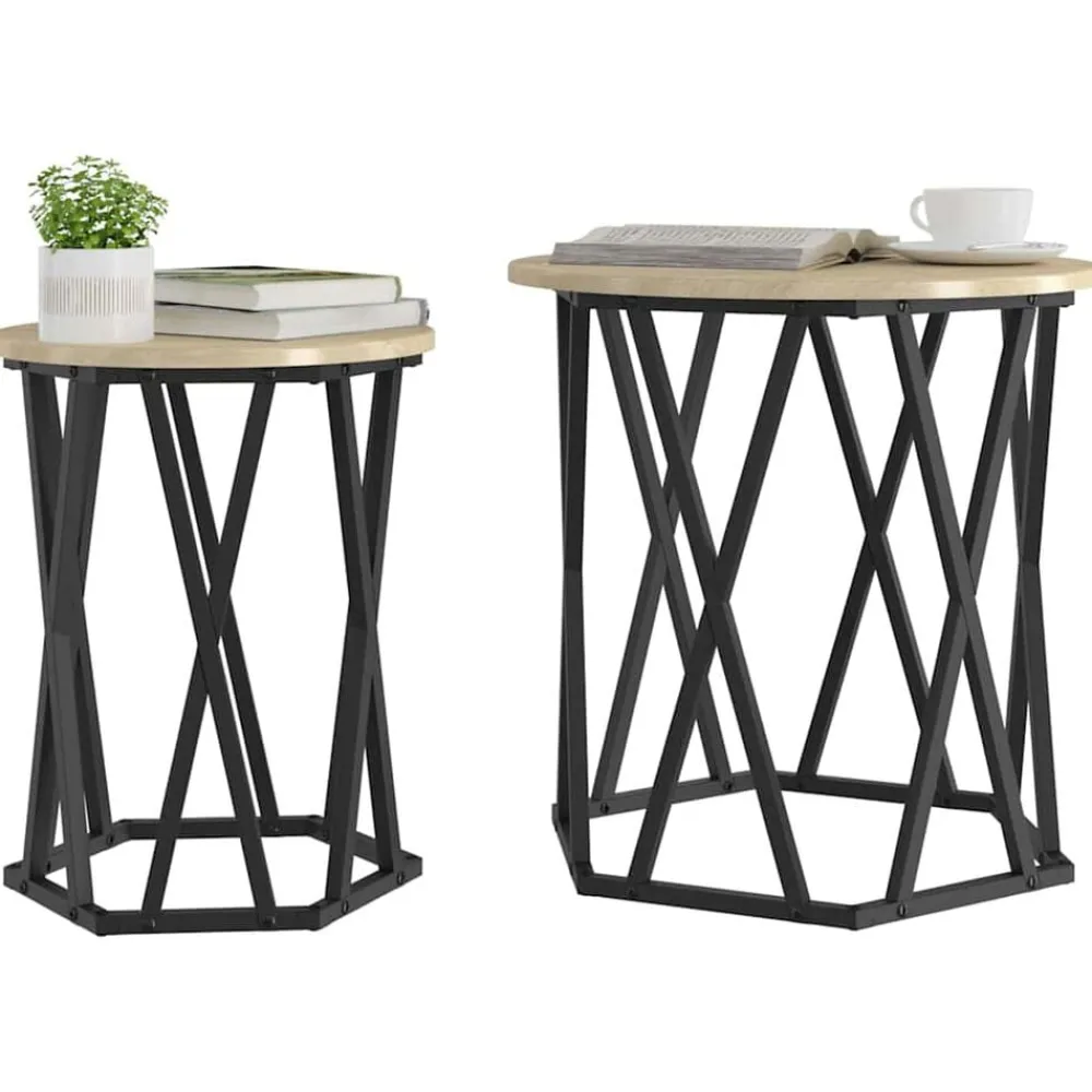 vidaXL Mesas-Mesa de Café 2 pcs Madera Ingenierizada y Acero