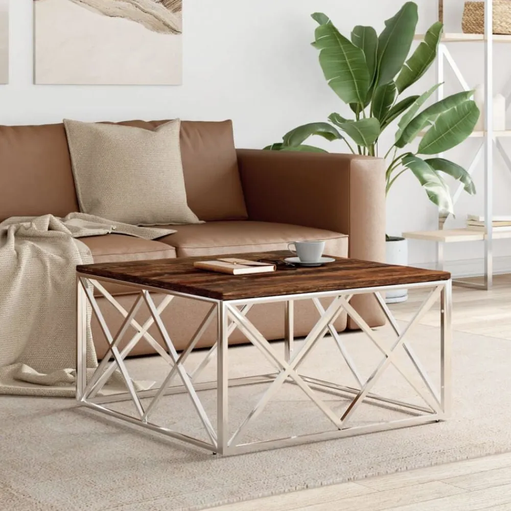 vidaXL Mesa de centro acero inoxidable y madera maciza reciclada Plateado Best