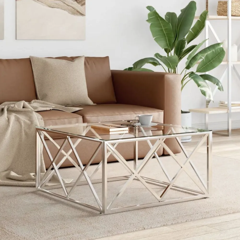 vidaXL Mesa de centro acero inoxidable y vidrio 80x80x40 cm Plateado Clearance