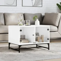 vidaXL Mesas-Mesa de centro con puertas de vidrio blanca 68,5x50x50 cm