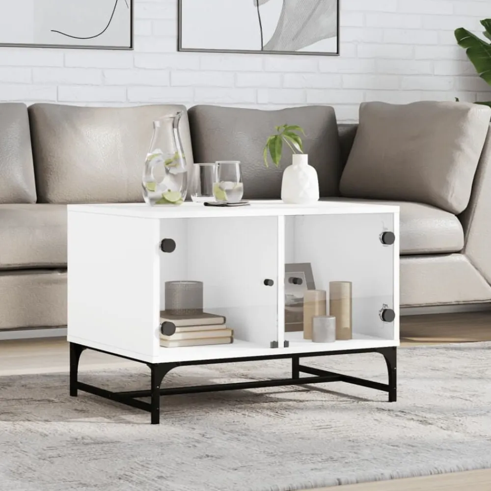 vidaXL Mesas-Mesa de centro con puertas de vidrio blanca 68,5x50x50 cm