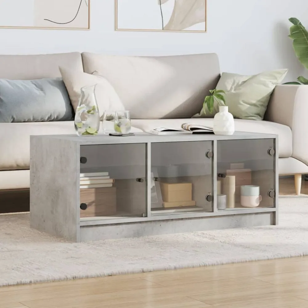 vidaXL Mesa de centro con puertas de vidrio grs hormigón 102x50x42 cm Gris hormigón Online