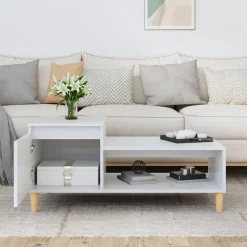 vidaXL Mesas-Mesa de centro madera contrachapada blanco brillo 100x50x45 cm