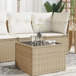 vidaXL Mesa de jardín superficie de vidrio ratán PE 55x55x37 cm Beige Sale
