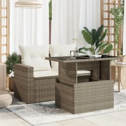 vidaXL Mesa de jardín superficie de vidrio ratán PE 100x55x73 cm Gris Sale