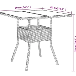 vidaXL Muebles De Jardín-Mesa de jardín superficie de vidrio ratán PE 80x80x75 cm