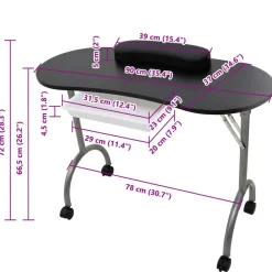 vidaXL Mesa de manicura plegable con ruedas negra Negro Discount