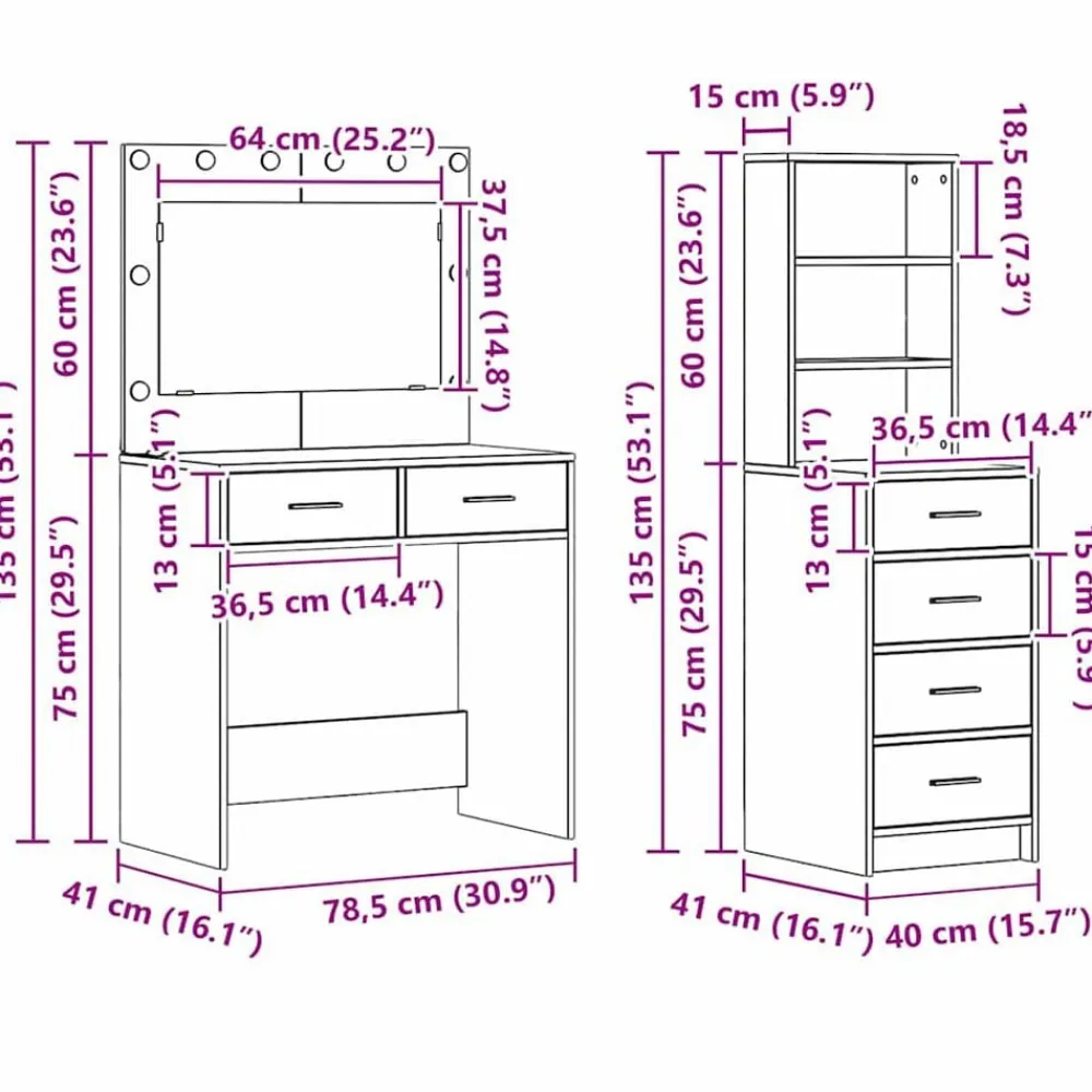 vidaXL Mesa de tocador Marrón 78.5 x 41 x 135 cm Madera contrachapada Roble Sonoma Best
