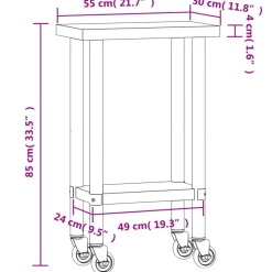 vidaXL Mesa de trabajo de cocina con ruedas acero inox 55x30x85 cm Clearance