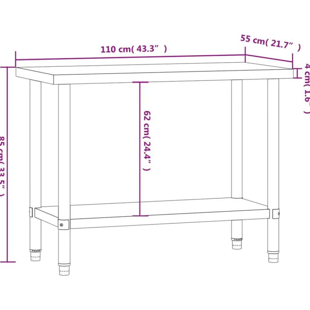 vidaXL Mesa de trabajo de cocina acero inoxidable 110x55x85 cm Clearance