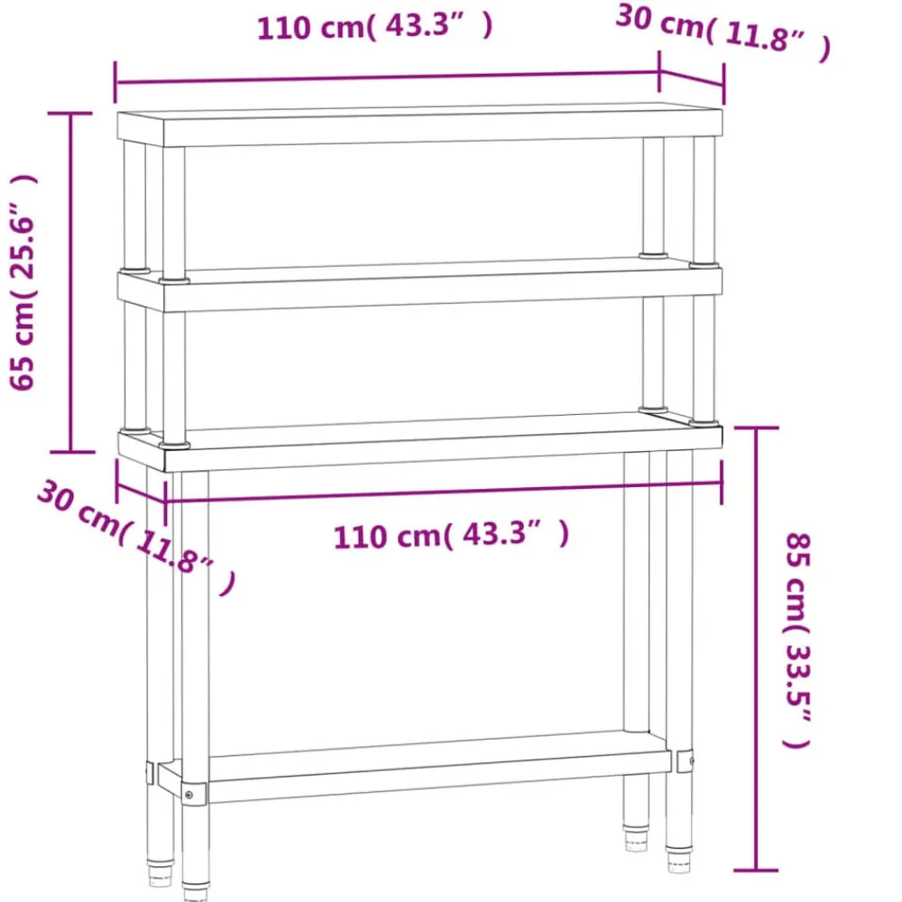 vidaXL Mesa de trabajo para cocina con estante acero inox 110x30x150cm New