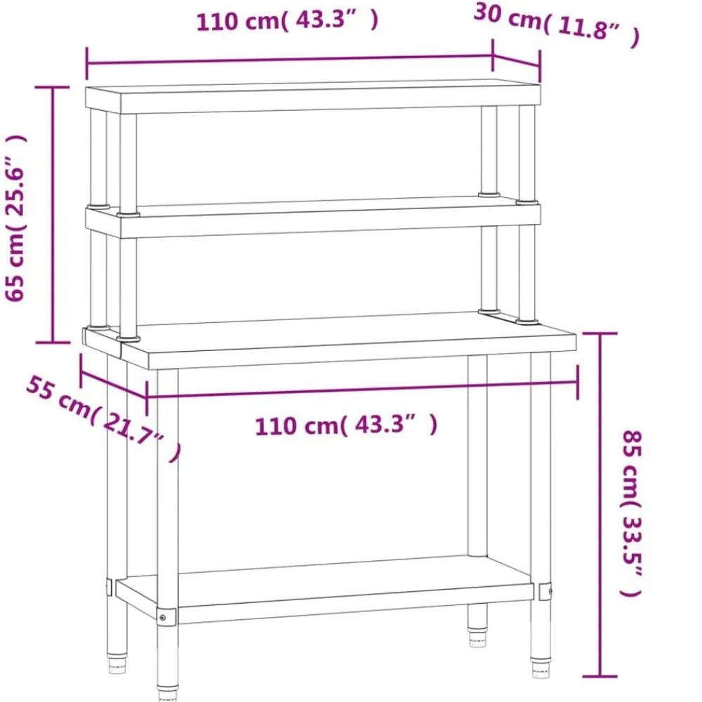 vidaXL Mesa de trabajo para cocina con estante acero inox 110x55x150cm