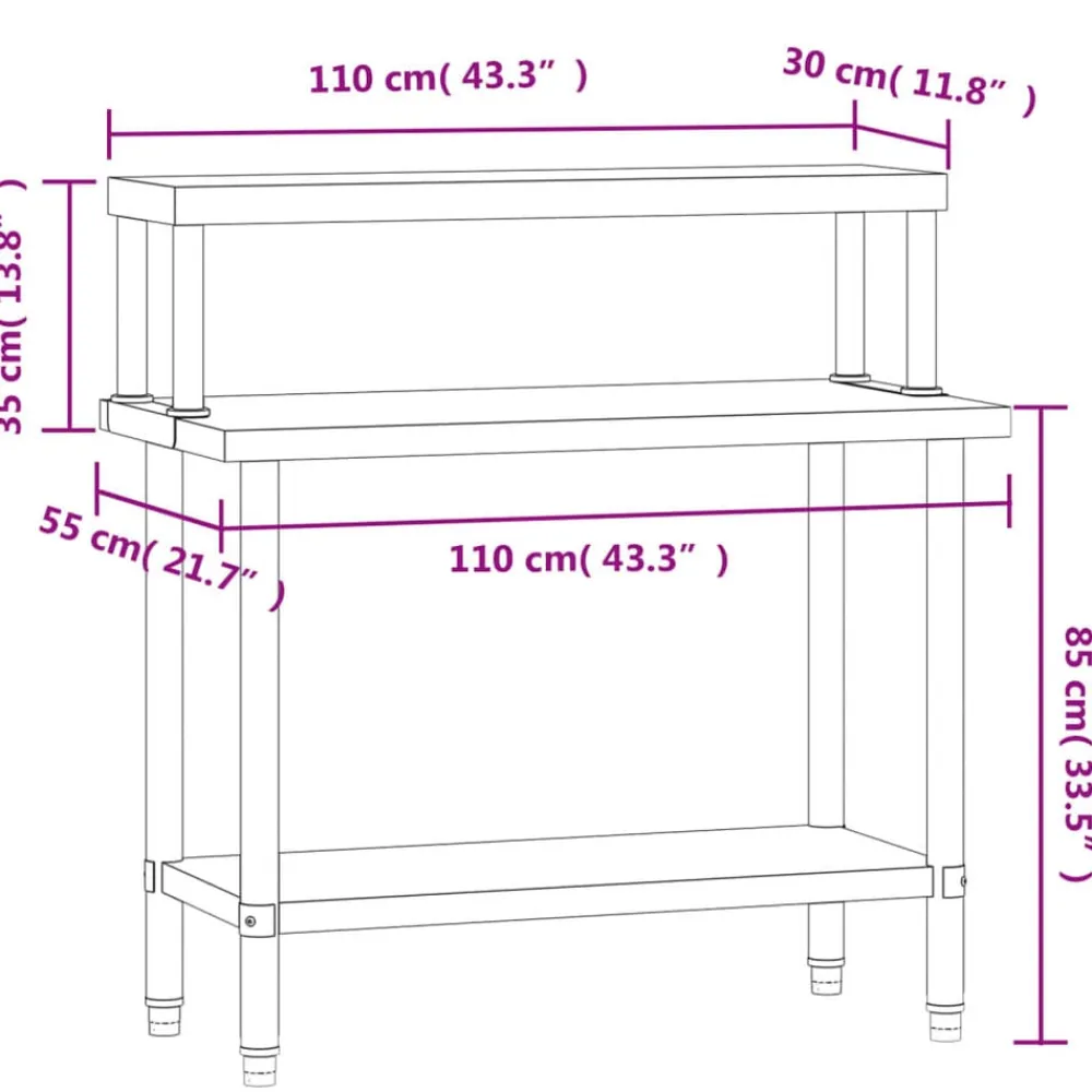 vidaXL Mesa de trabajo para cocina con estante acero inox 110x55x120cm Online