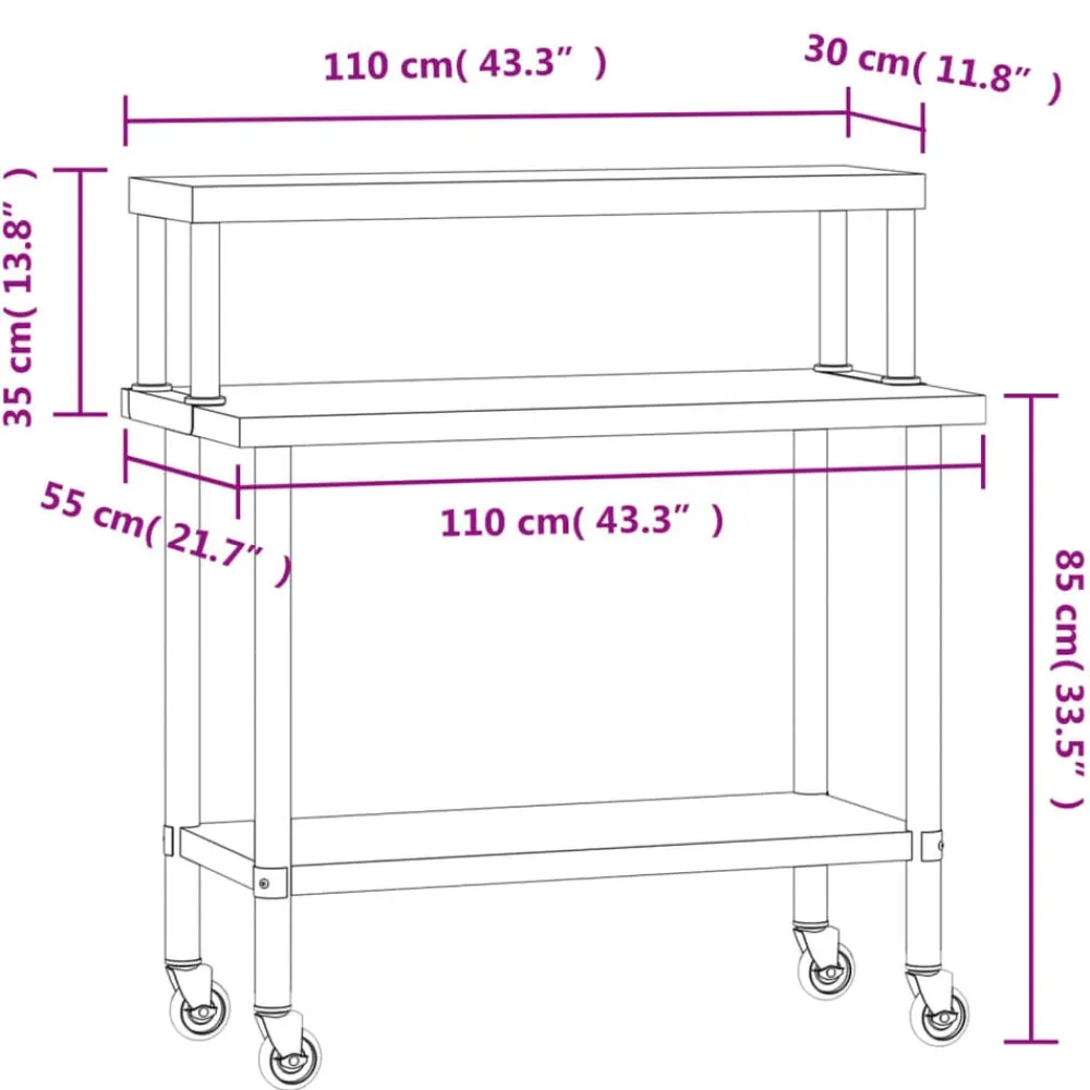 vidaXL Mesa de trabajo para cocina con estante acero inox 110x55x120cm Best
