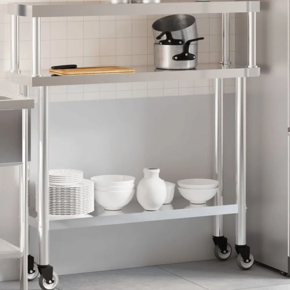 vidaXL Mesa de trabajo para cocina con estante acero inox 110x30x120cm Clearance