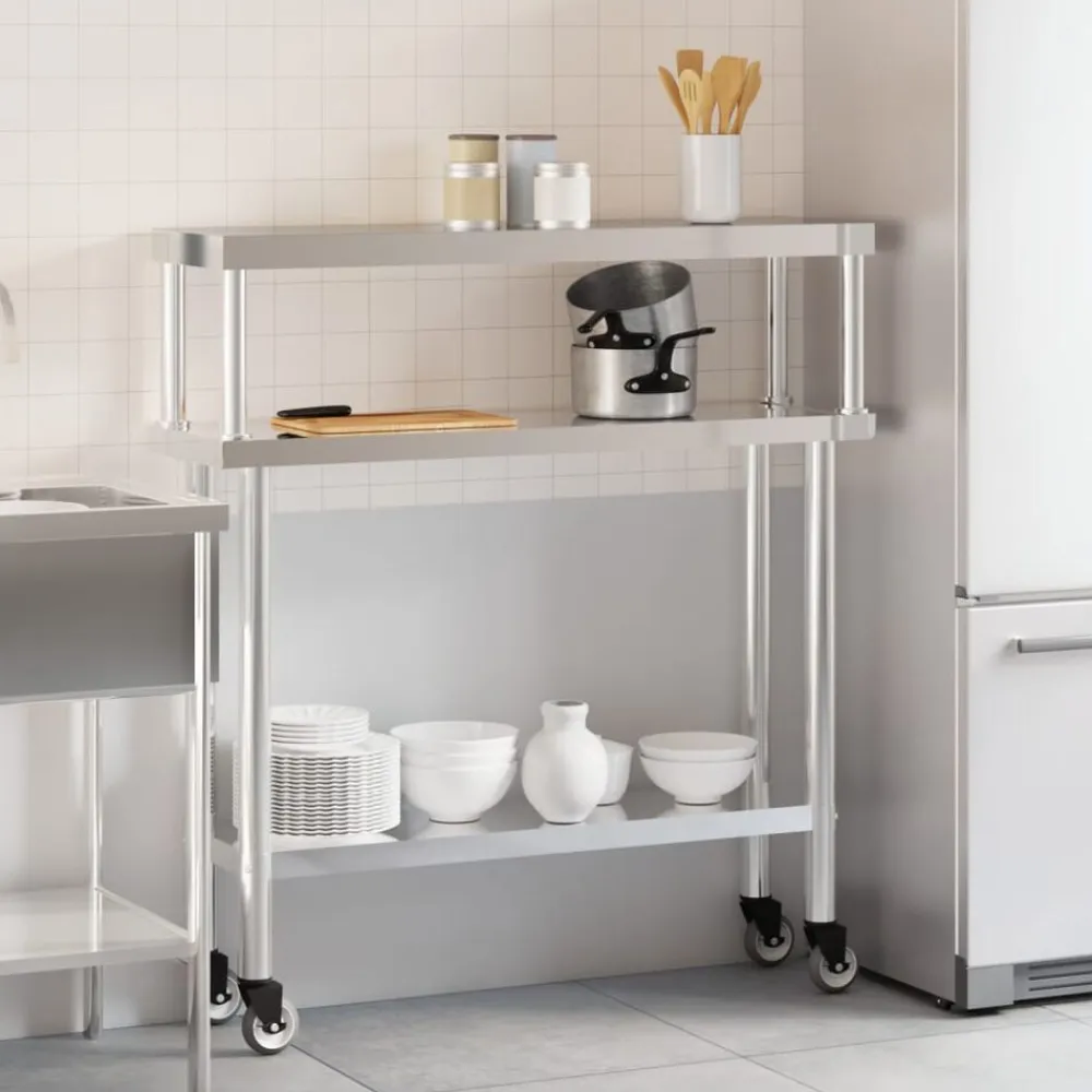 vidaXL Mesa de trabajo para cocina con estante acero inox 110x30x120cm Clearance