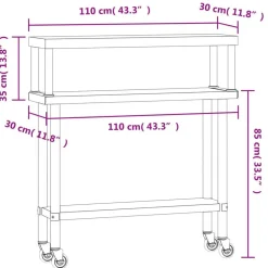 vidaXL Mesa de trabajo para cocina con estante acero inox 110x30x120cm Clearance