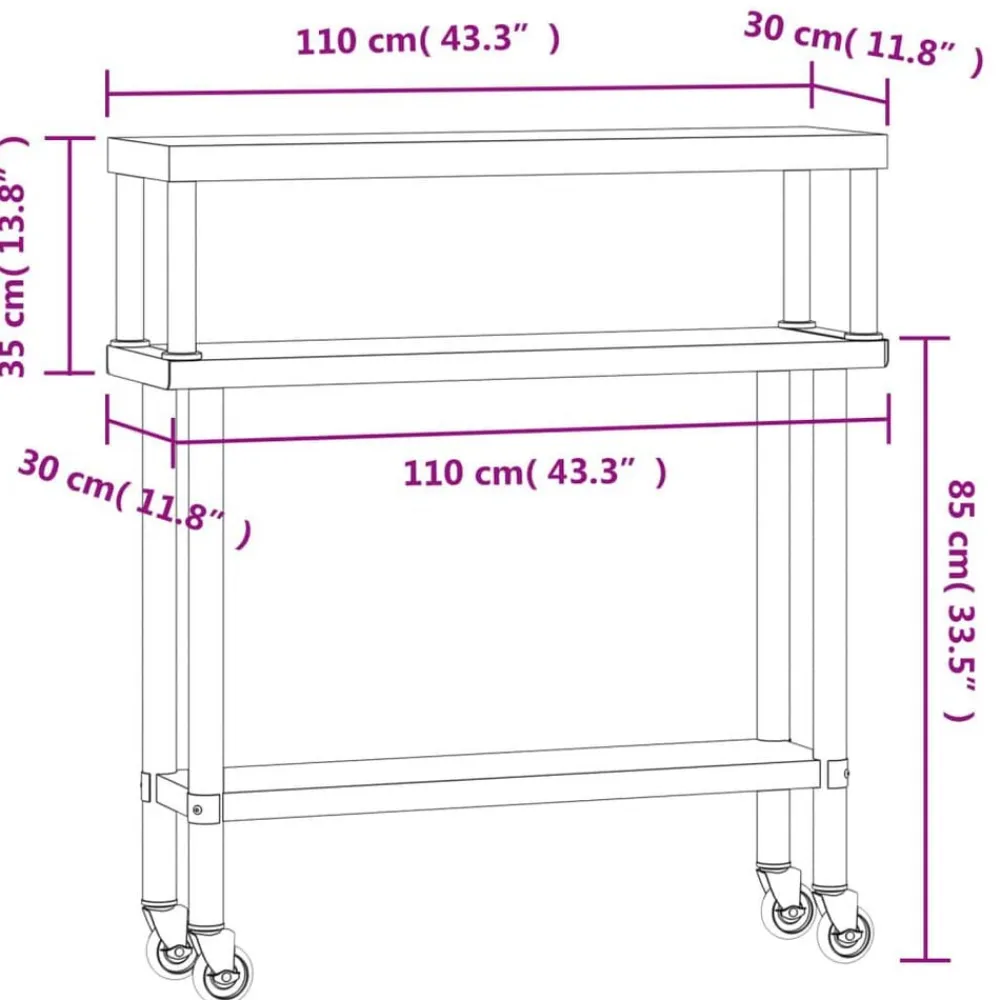 vidaXL Mesa de trabajo para cocina con estante acero inox 110x30x120cm Clearance