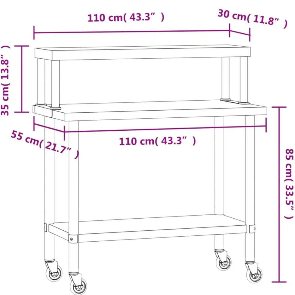 vidaXL Mesa de trabajo para cocina con estante acero inox 110x55x120cm Online