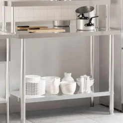 vidaXL Restauración-Mesa de trabajo para cocina con estante acero inox 110x55x120cm