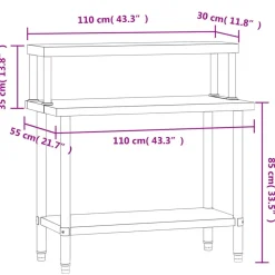 vidaXL Restauración-Mesa de trabajo para cocina con estante acero inox 110x55x120cm
