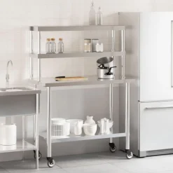 vidaXL Restauración-Mesa de trabajo para cocina con estante acero inox 110x55x150cm