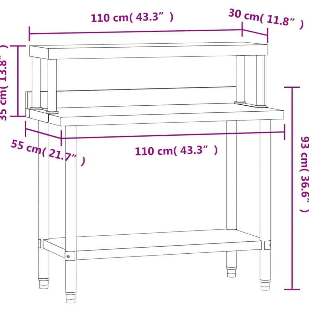vidaXL Mesa de trabajo para cocina con estante acero inox 110x55x120cm Sale