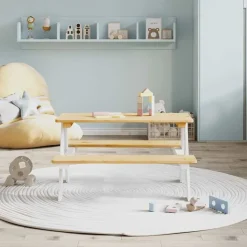 vidaXL Mesa infantil con bancos IRUN madera maciza blanca 90x79,5x50cm Blanco Outlet