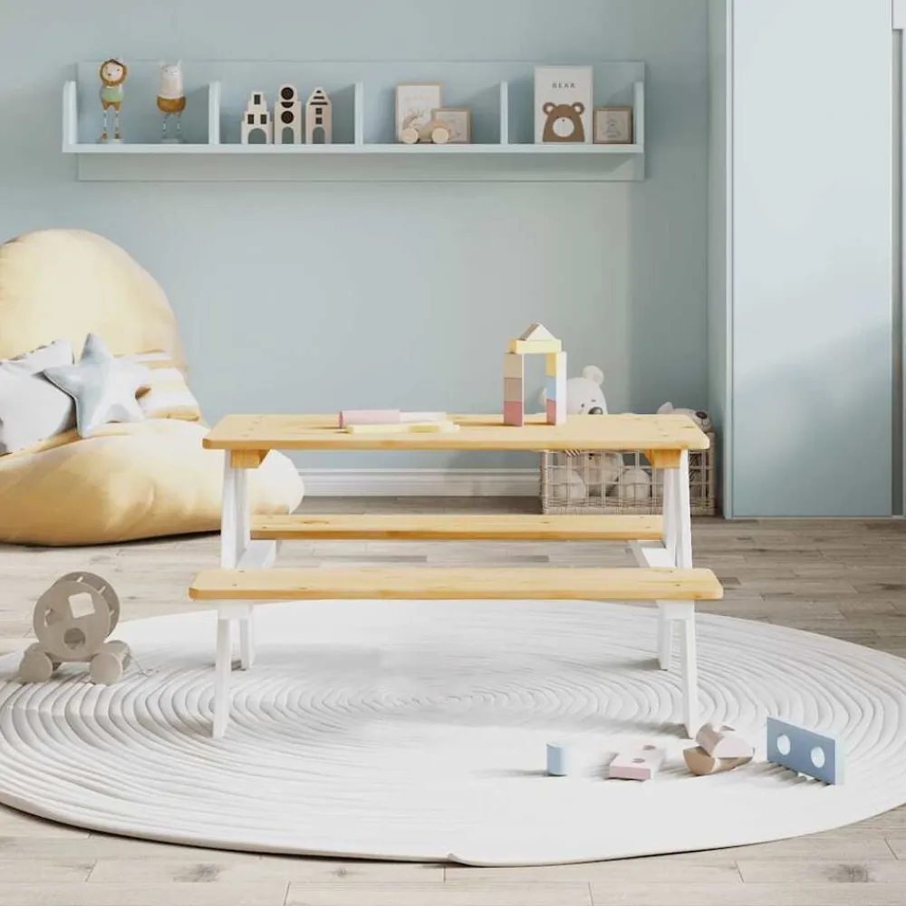 vidaXL Mesa infantil con bancos IRUN madera maciza blanca 90x79,5x50cm Blanco Outlet