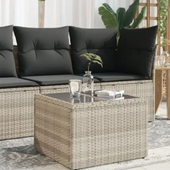 vidaXL Mesa jardín superficie vidrio ratán PE 55x55x37 cm Gris claro