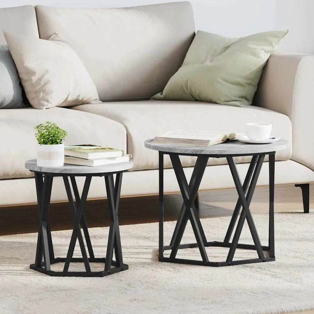 vidaXL Mesa lateral 2 pcs Madera Ingenierizada y Acero Gris sonoma New