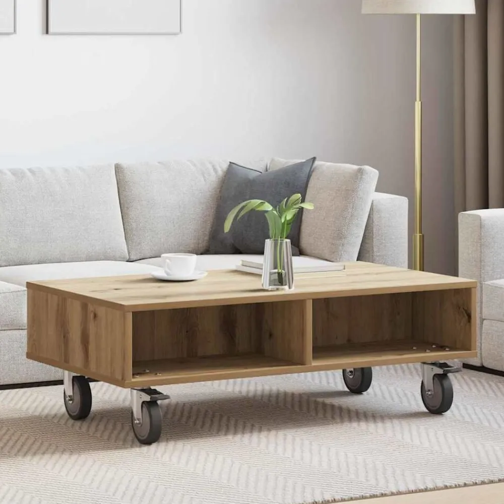 vidaXL Mesas-Mesa Lateral con Ruedas Roble artesanal 90 x 50 x 30 cm