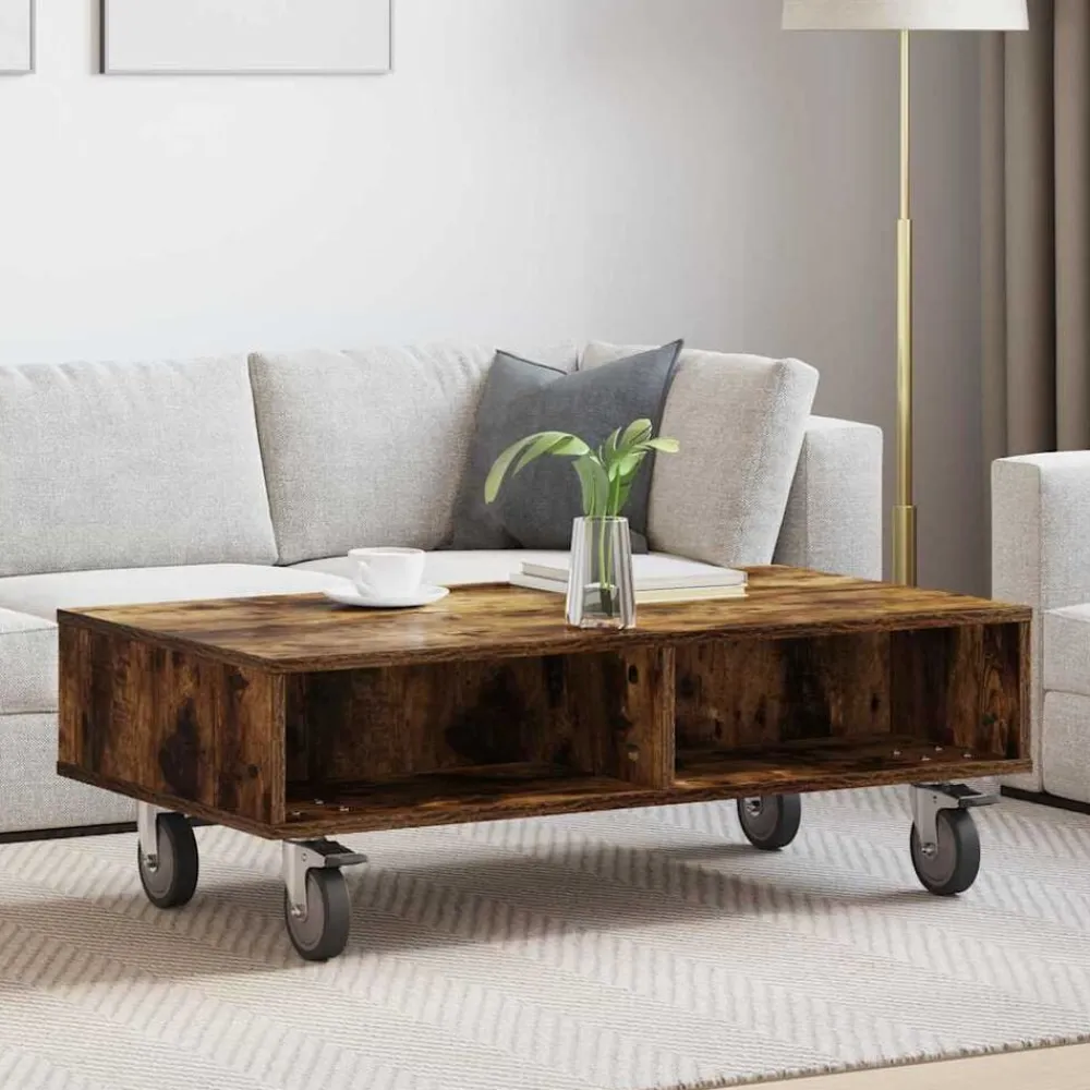 vidaXL Mesa Lateral con Ruedas 90 x 50 x 30 cm Roble ahumado Outlet