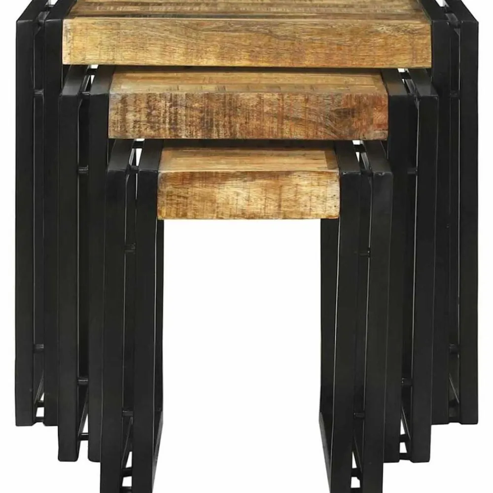 vidaXL Mesas-Mesa Nido 3 pcs Marrón y Negro Madera de Mango Sólida y Metal