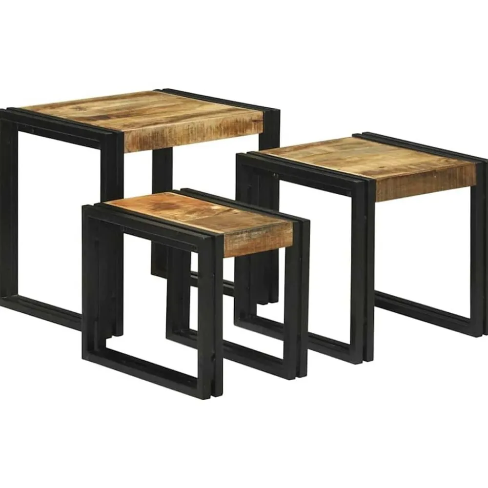 vidaXL Mesas-Mesa Nido 3 pcs Marrón y Negro Madera de Mango Sólida y Metal