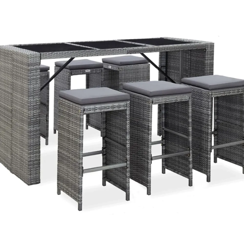 vidaXL Mesa y sillas de bar jardín 7 pzas cojines ratán sintético Gris Clearance